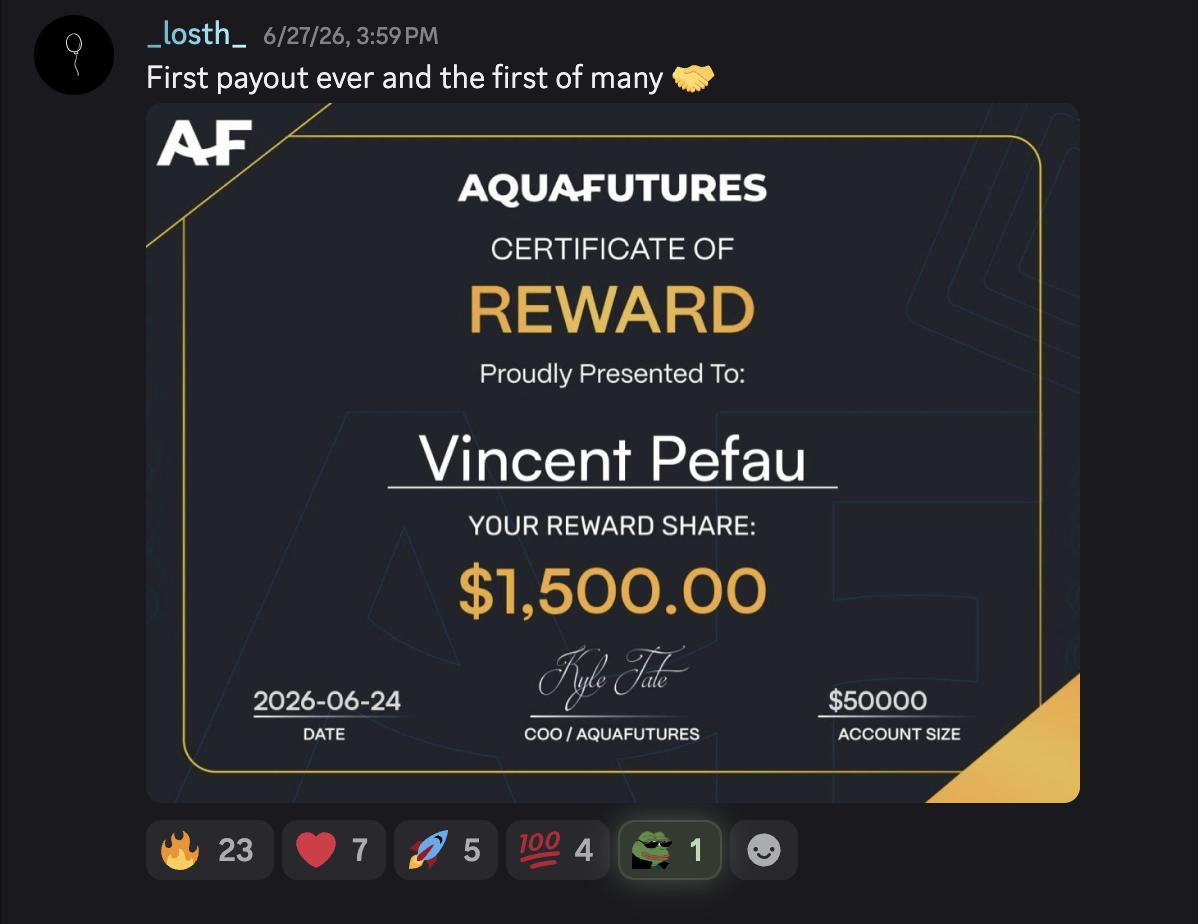 Discord post from a student: first payout ever — $1,500 AquaFutures reward certificate on a $50,000 account