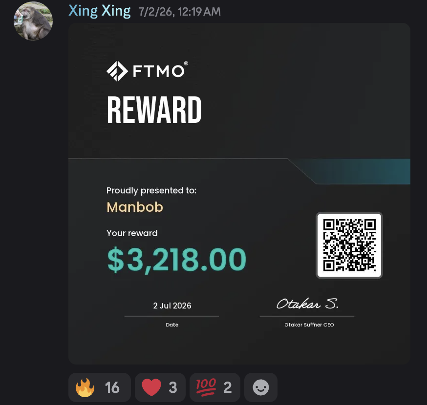 Discord post from a student: $3,218 FTMO reward certificate