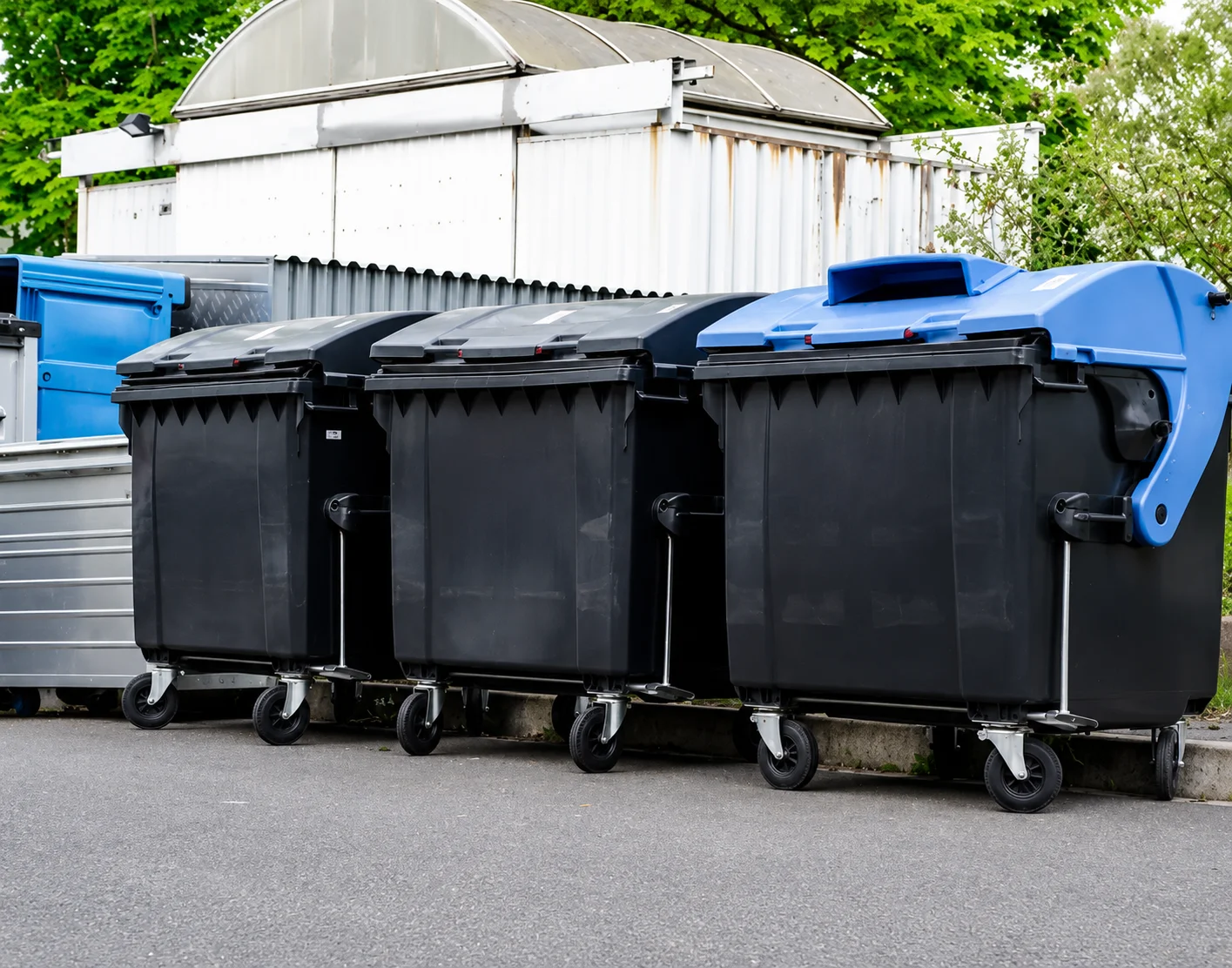 A row of black and blue commercial waste bins with wheels are lined up on asphalt next to a white industrial building.