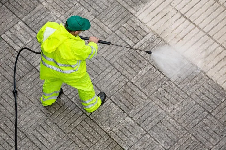 An overhead view of a worker in neon yellow rain gear pressure washing a grimy paved surface.