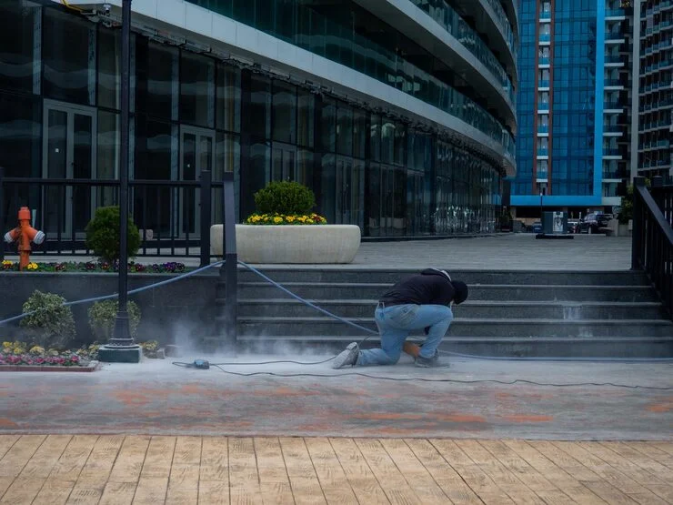 A man in blue jeans and a dark hoodie kneels while pressure washing concrete steps in front of a modern building.