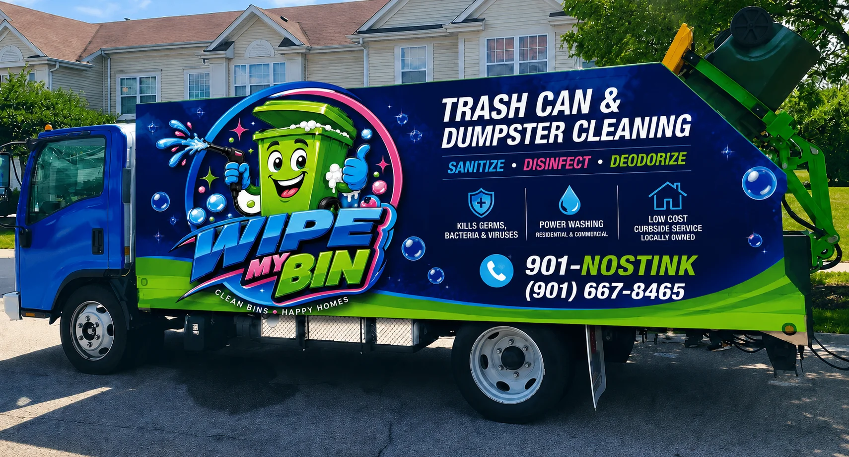 A blue and green 'Wipe My Bin' trash and dumpster cleaning truck parked on a residential street.