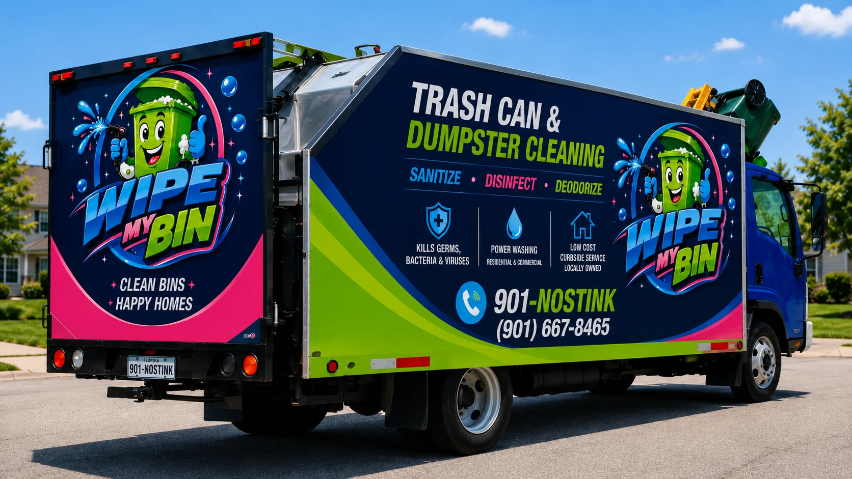 A blue truck with vibrant 'Wipe My Bin' graphics for trash cleaning services, viewed from the rear-right side.