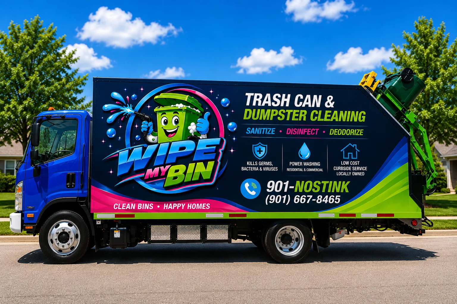 A vibrant blue and black Wipe My Bin truck showcasing trash can and dumpster cleaning services, parked outside on a sunny day.