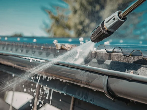 A pressure washer spraying a stream of water onto a dirty roof and gutter, cleaning off grime.