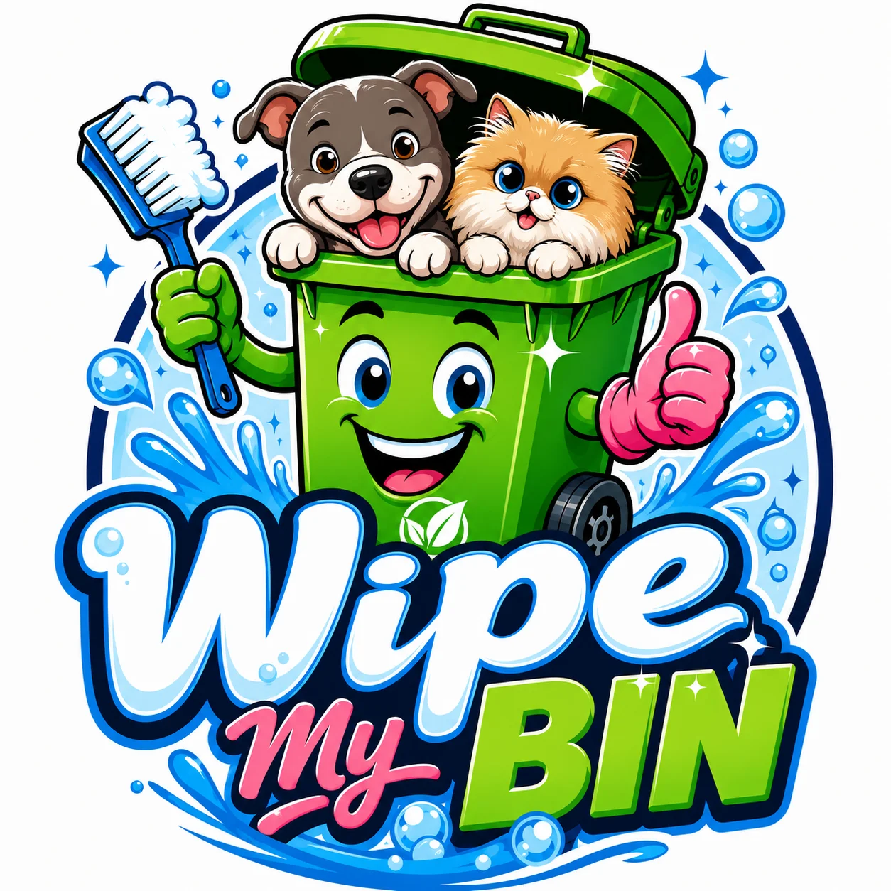 Logo for Wipe My Bin featuring a smiling green trash bin mascot holding a pressure washer and giving a thumbs up.