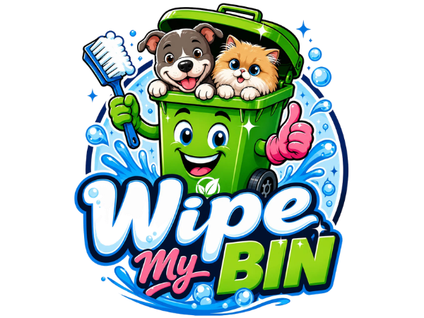 A cheerful green trash bin character holding a brush and giving a thumbs up, with a puppy and kitten inside, for 'Wipe My Bin' service.