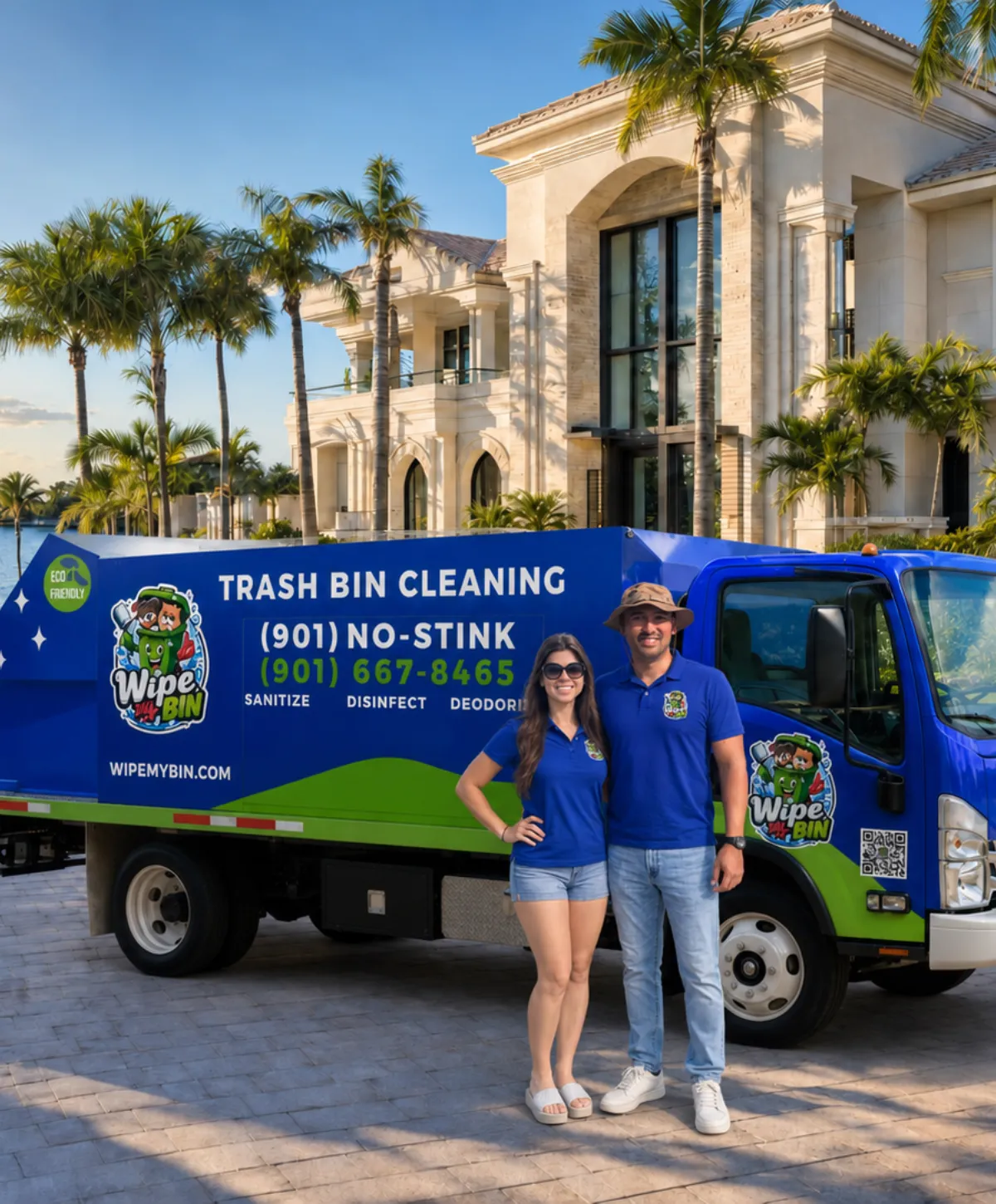 A blue 'Wipe My Bin' trash bin cleaning truck parked with two crew members standing in front, by a large house and waterfront.