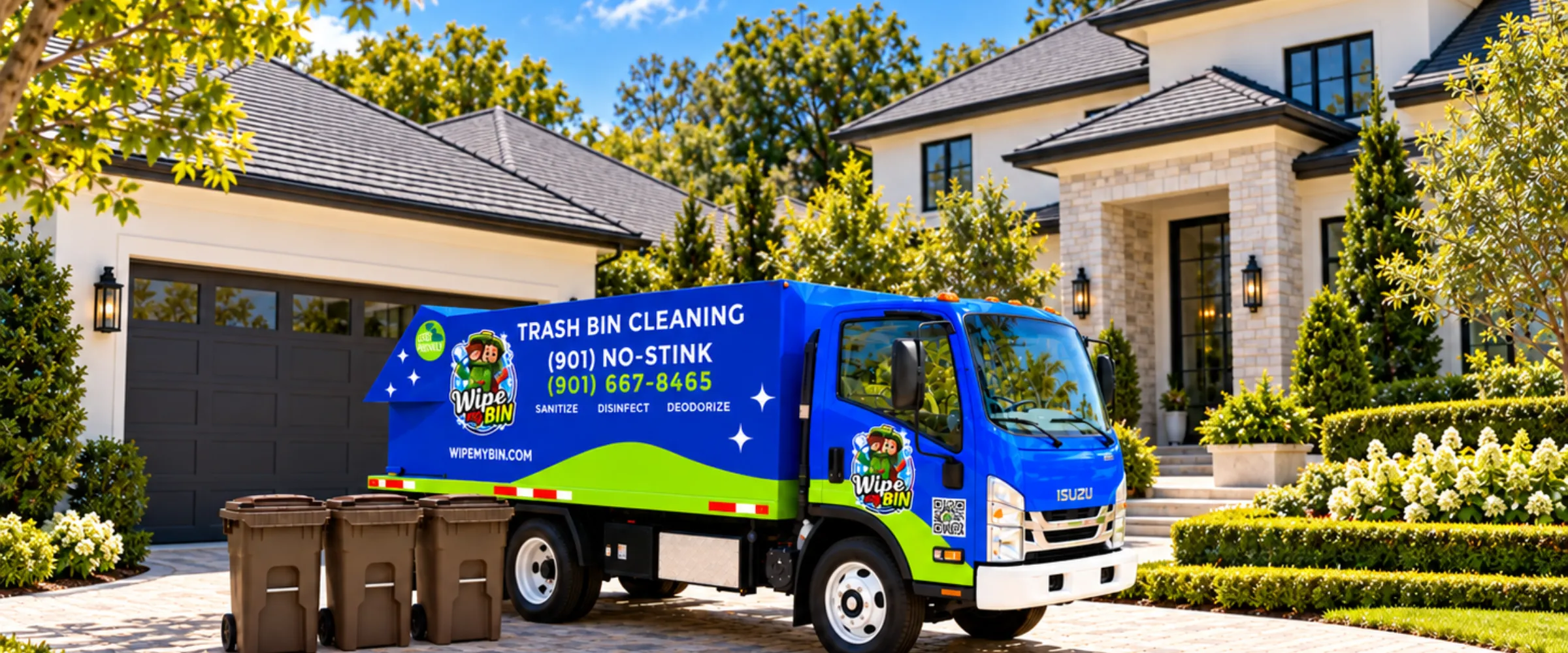 Wipe My Bin professional cleaning truck parked near residential garbage bins. Wipe My Bin professional cleaning truck parked near residential garbage bins.