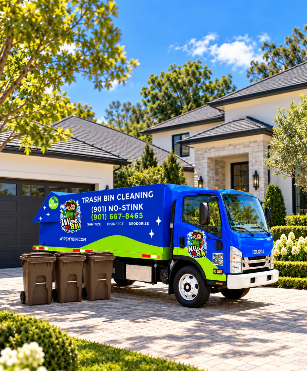 A blue 'Wipe My Bin' trash bin cleaning truck parked with two crew members standing in front, by a large house and waterfront.