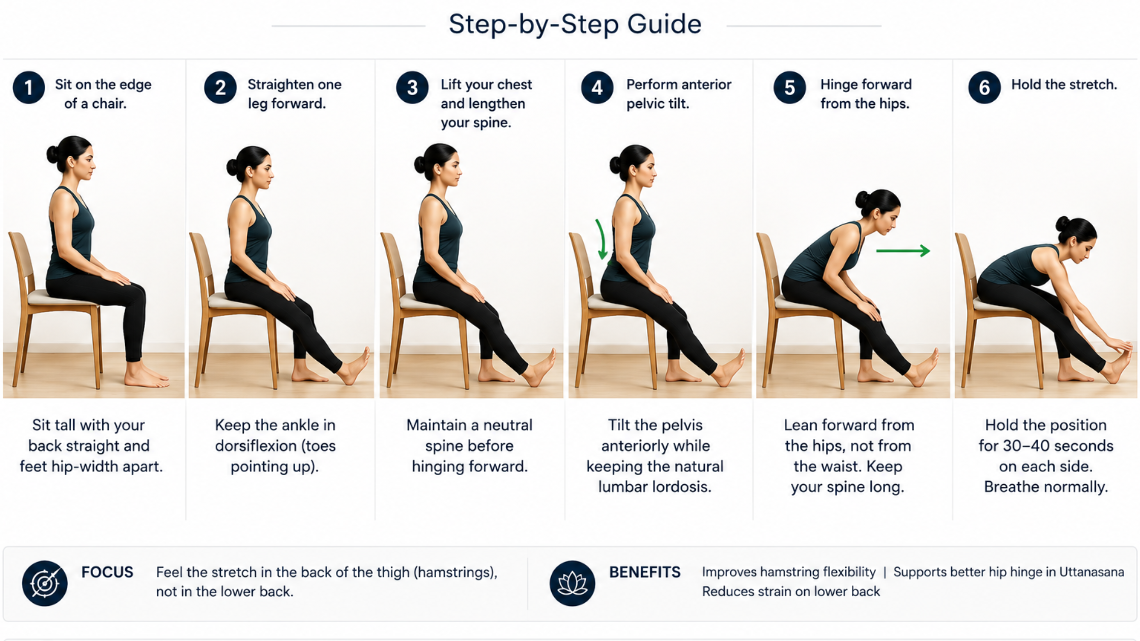 Step-by-step guide showing how to perform a seated hamstring stretch on a chair with proper hip hinge, anterior pelvic tilt, and neutral spine to improve hamstring flexibility for Uttanasana.