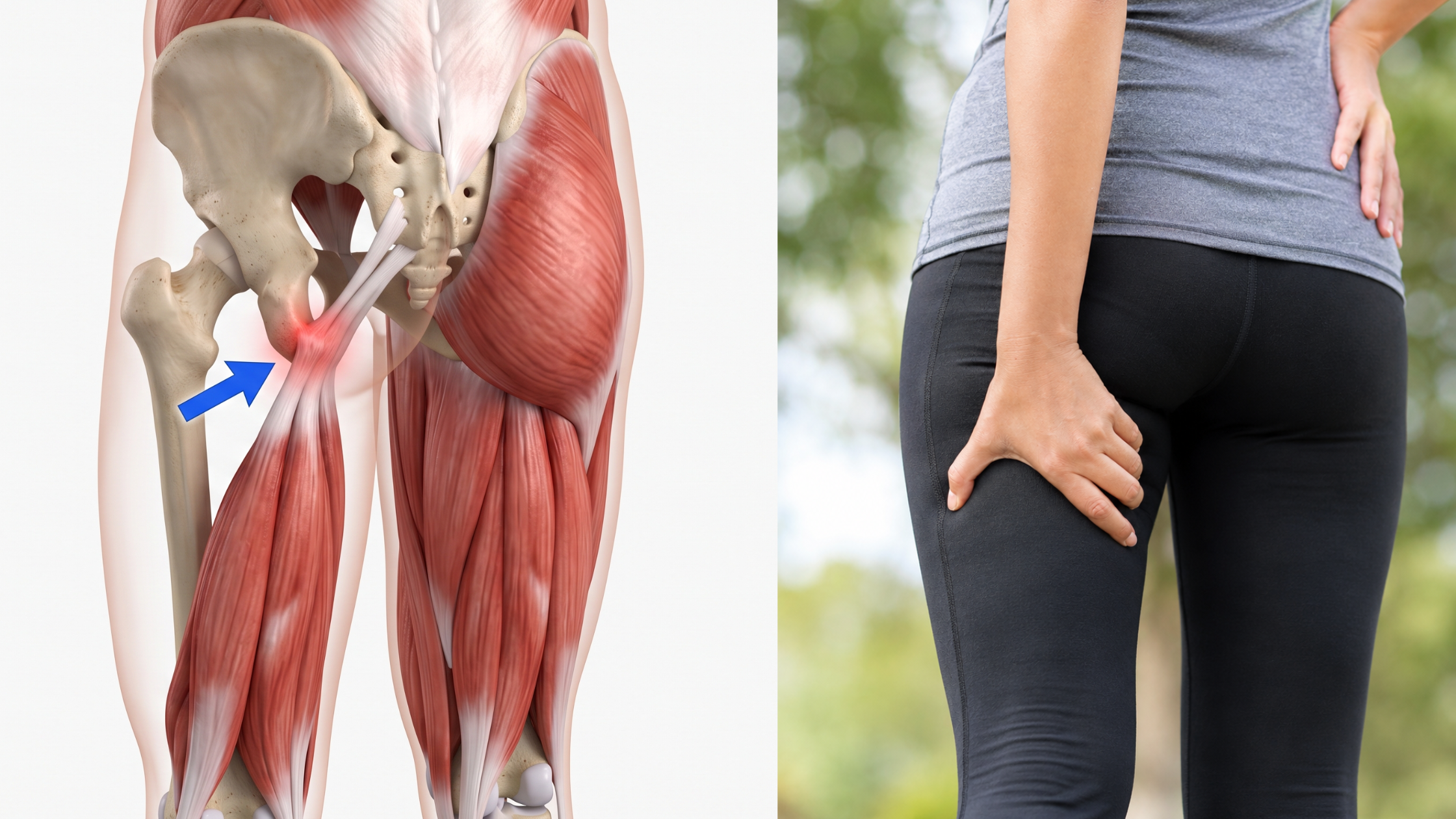 Split image showing a 3D medical anatomy illustration of proximal hamstring tendinopathy with a blue arrow pointing to an inflamed tendon origin on the ischial tuberosity, next to a person clutching their upper thigh in pain from yoga butt.