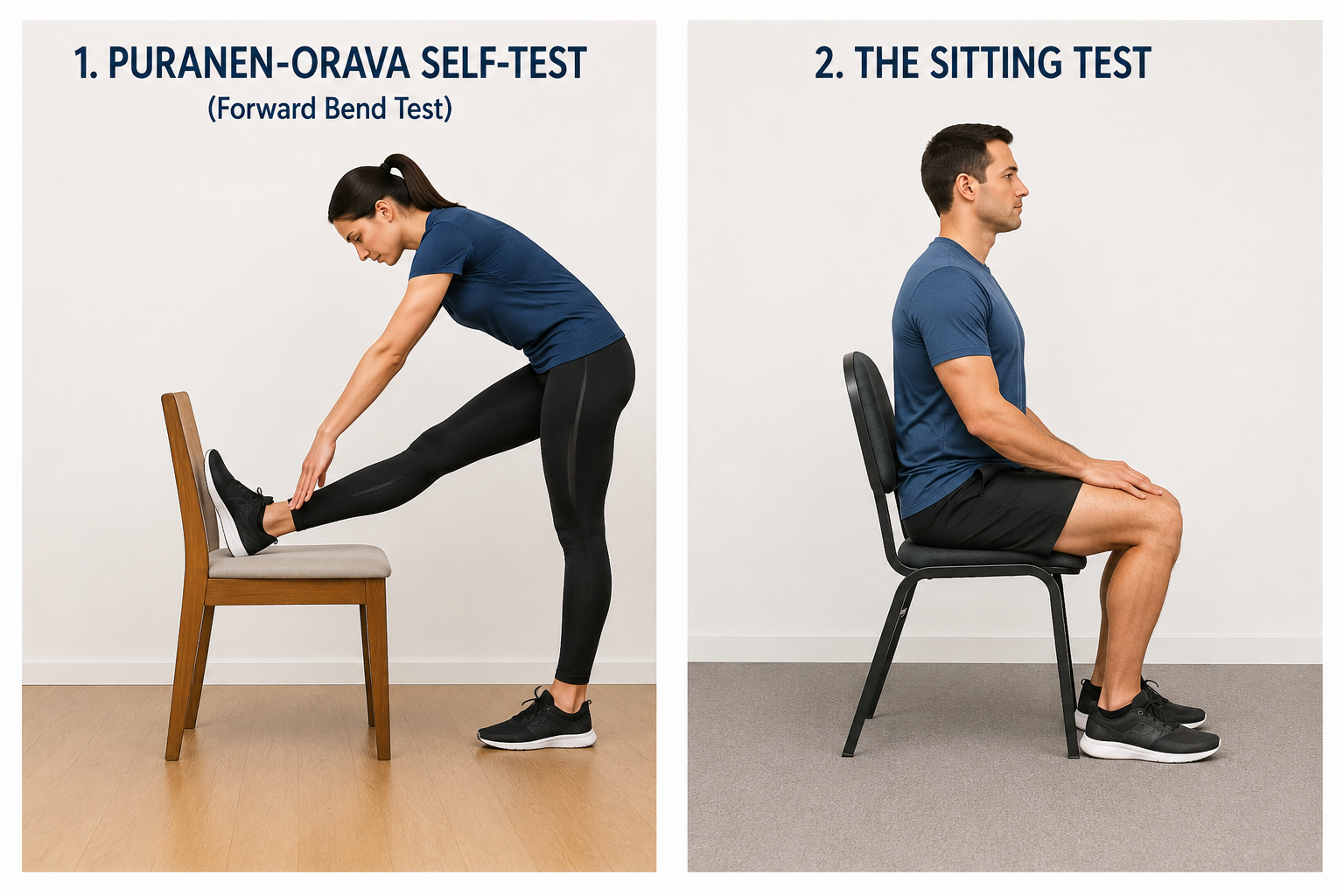 Side-by-side illustration showing the Puranen-Orava Self-Test and the Sitting Test for self-assessing proximal hamstring tendinopathy (Yoga Butt). The left image demonstrates a person performing the Puranen-Orava Test with one leg elevated on a chair and bending forward, while the right image shows a person sitting upright on a chair to assess sitting bone pain