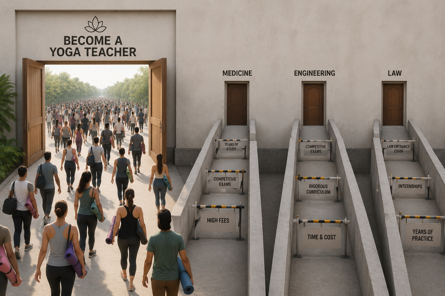 Conceptual illustration showing many people entering the yoga teaching profession through an open doorway while medicine, engineering, and law require longer and more challenging career paths.