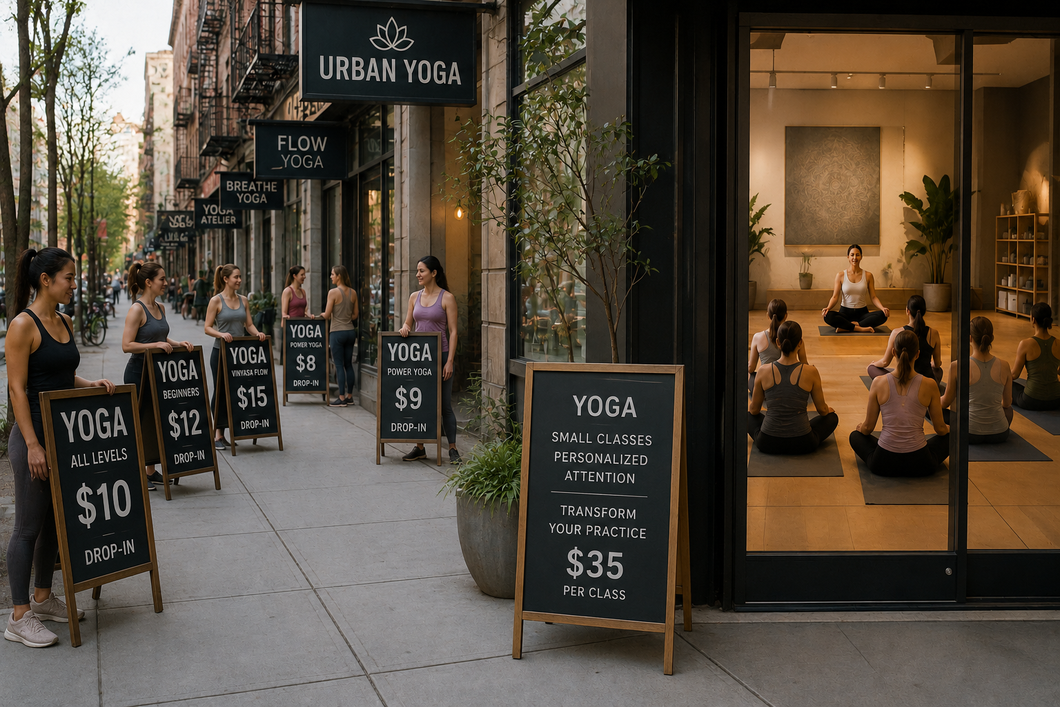 Editorial illustration showing competition among yoga studios with different class prices and one experienced yoga teacher offering high-quality personalized teaching.