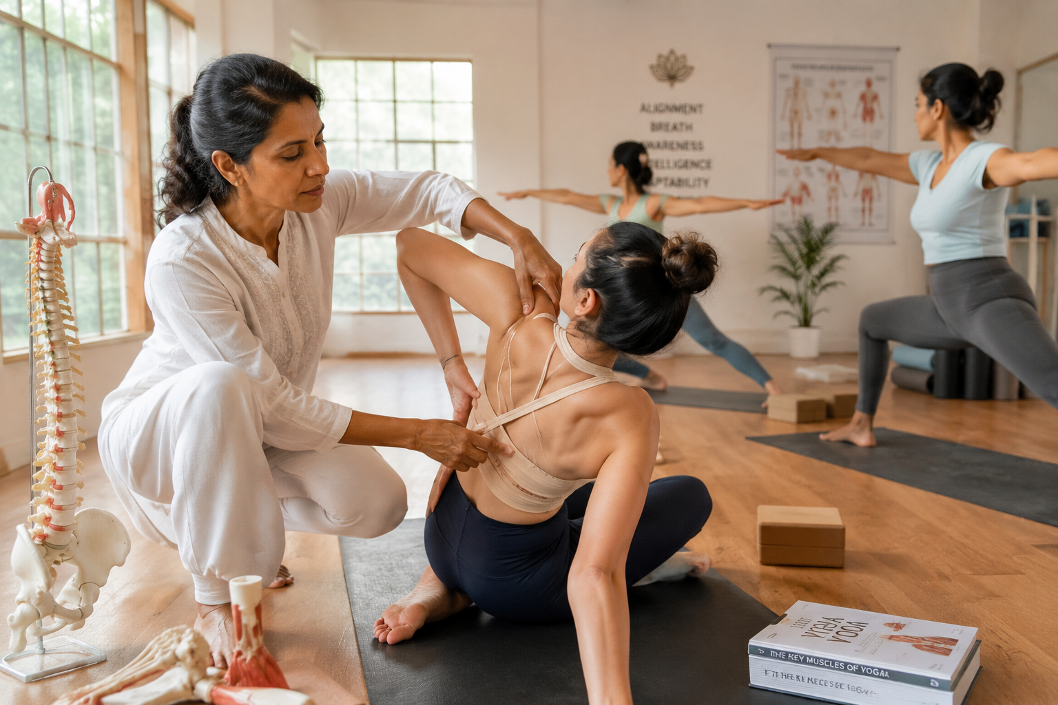 Yoga teacher training class demonstrating hands-on alignment correction, anatomy education, and personalized yoga instruction.