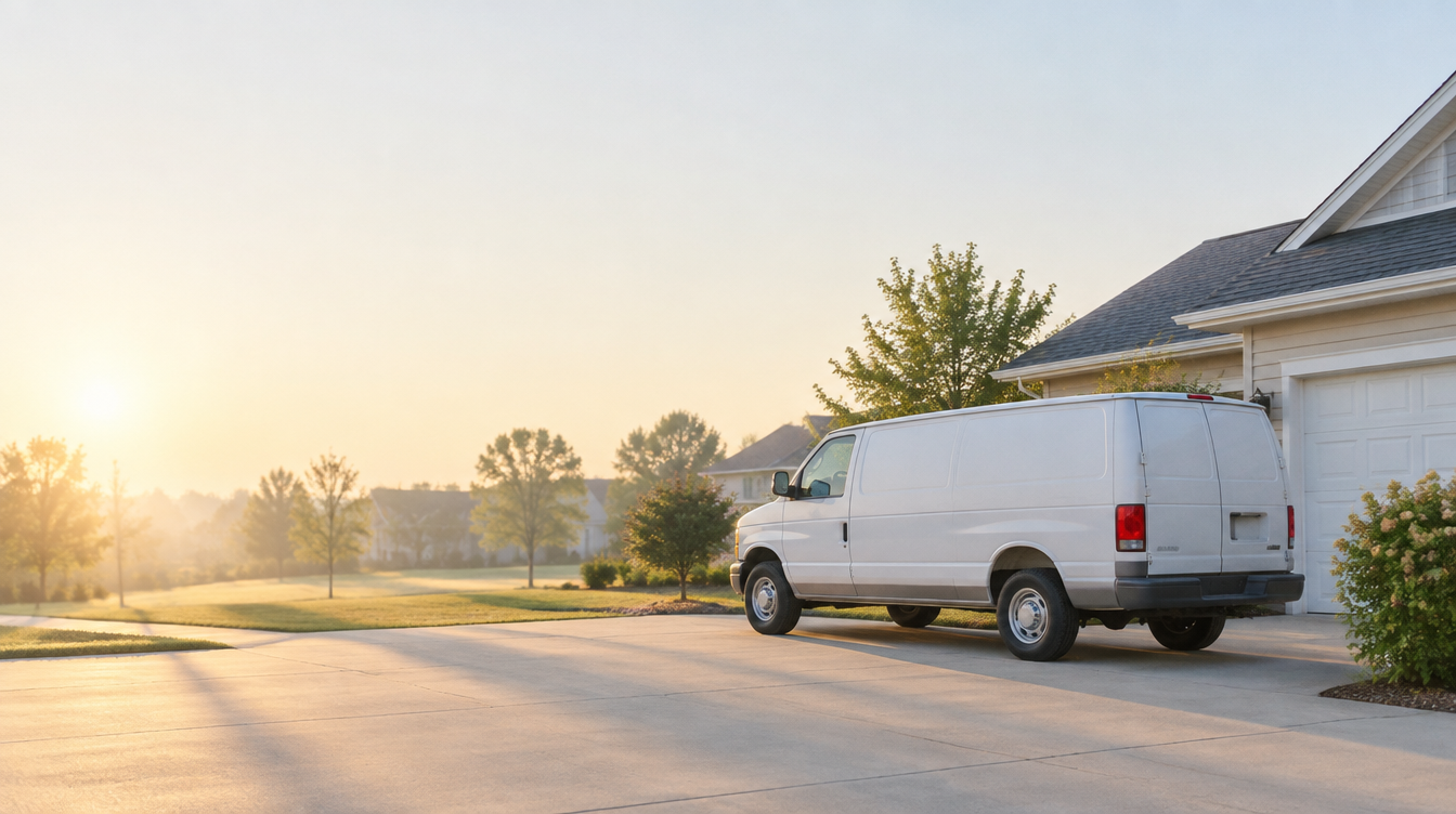 Service van parked in a driveway at sunrise