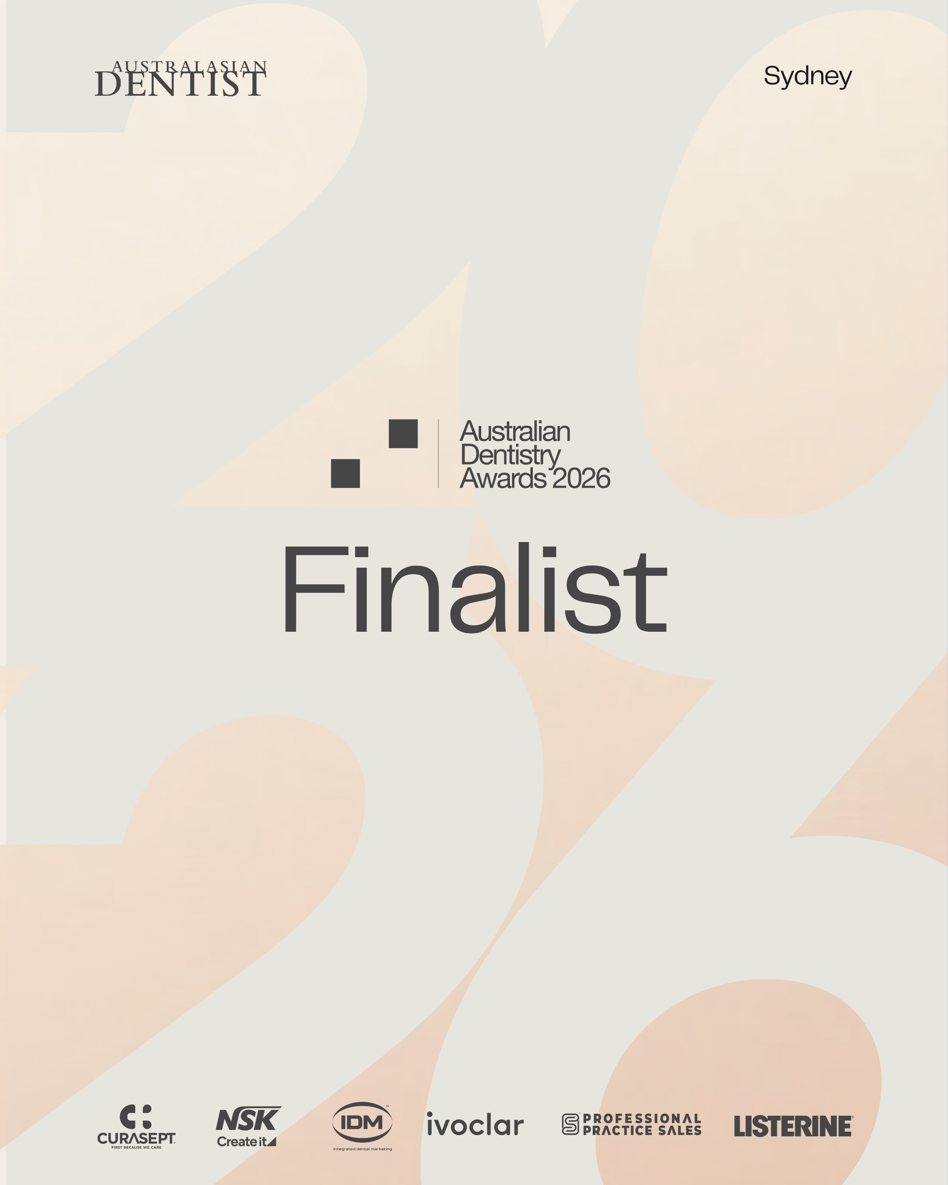 Australian Dentistry Awards 2026 Finalist badge, rose gold