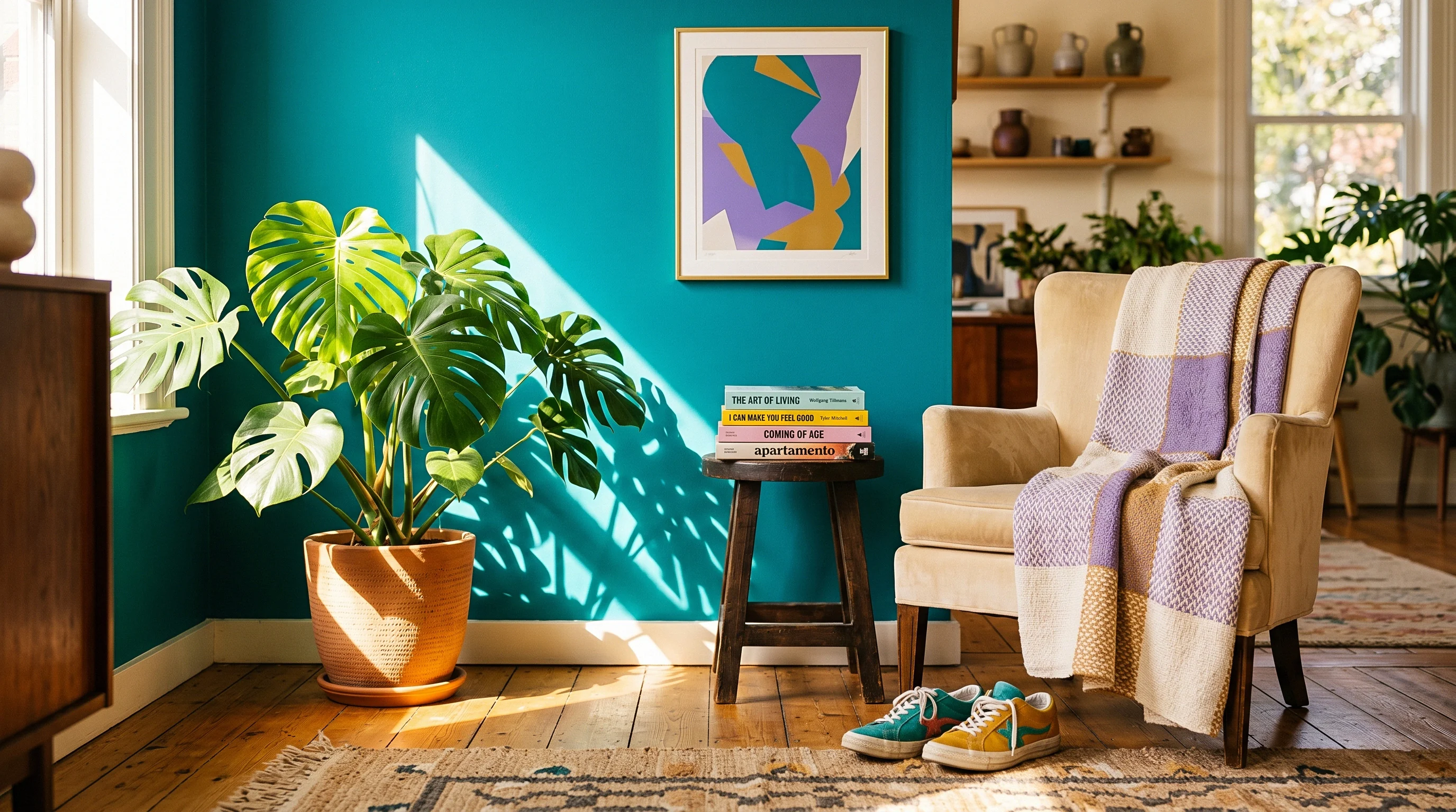 A quiet interior corner with monstera, lavender throw and teal wall... the shape of an ordinary, beautiful life.