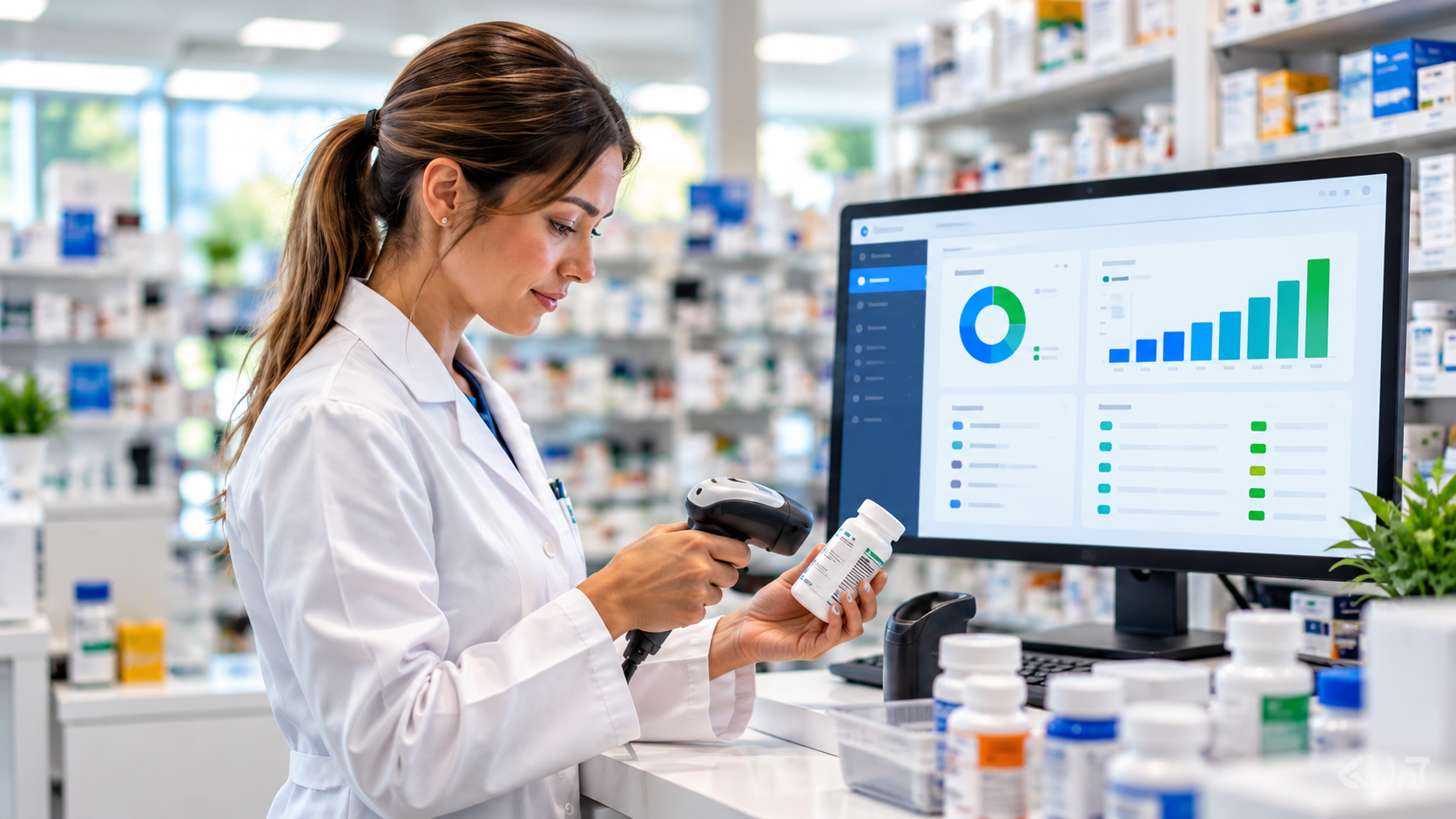 Pharmacist scanning a medication bottle beside an inventory dashboard
