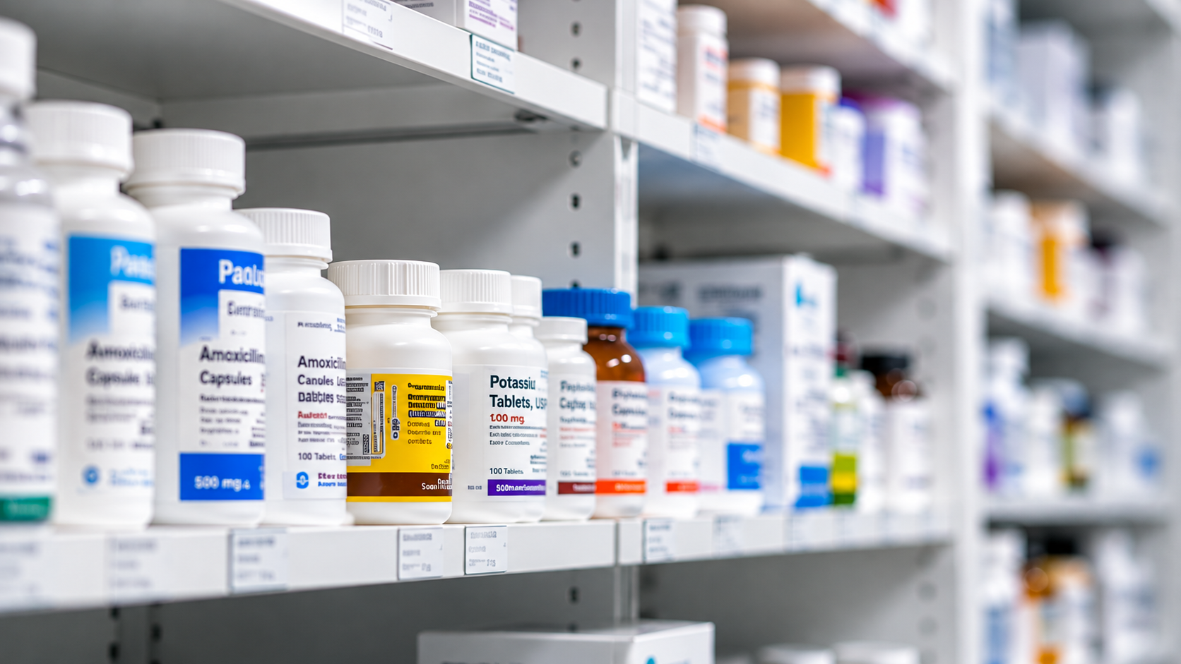 Pharmacy shelves stocked with medication bottles