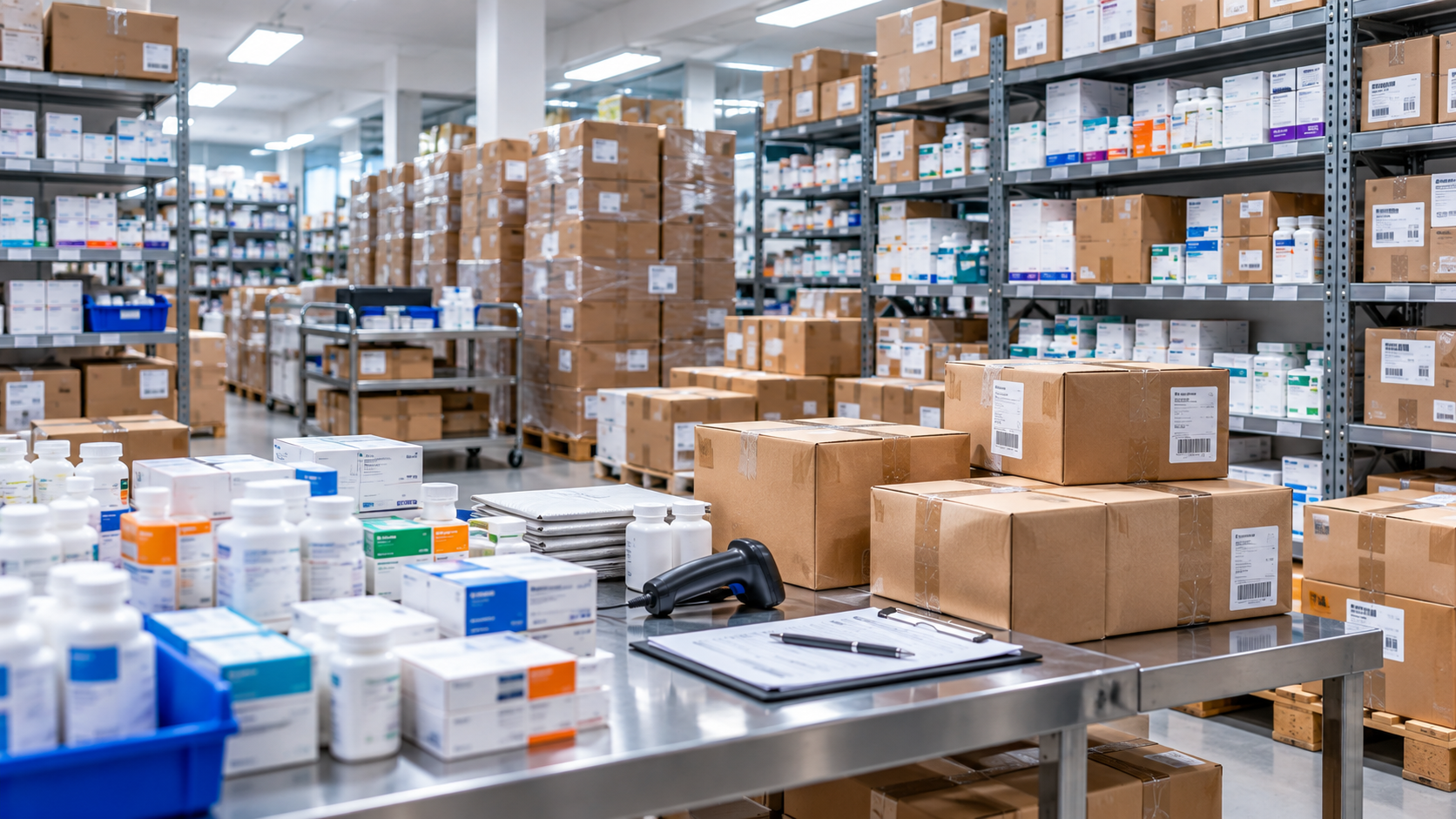 Pharmacy returns area with boxed stock and medication bottles