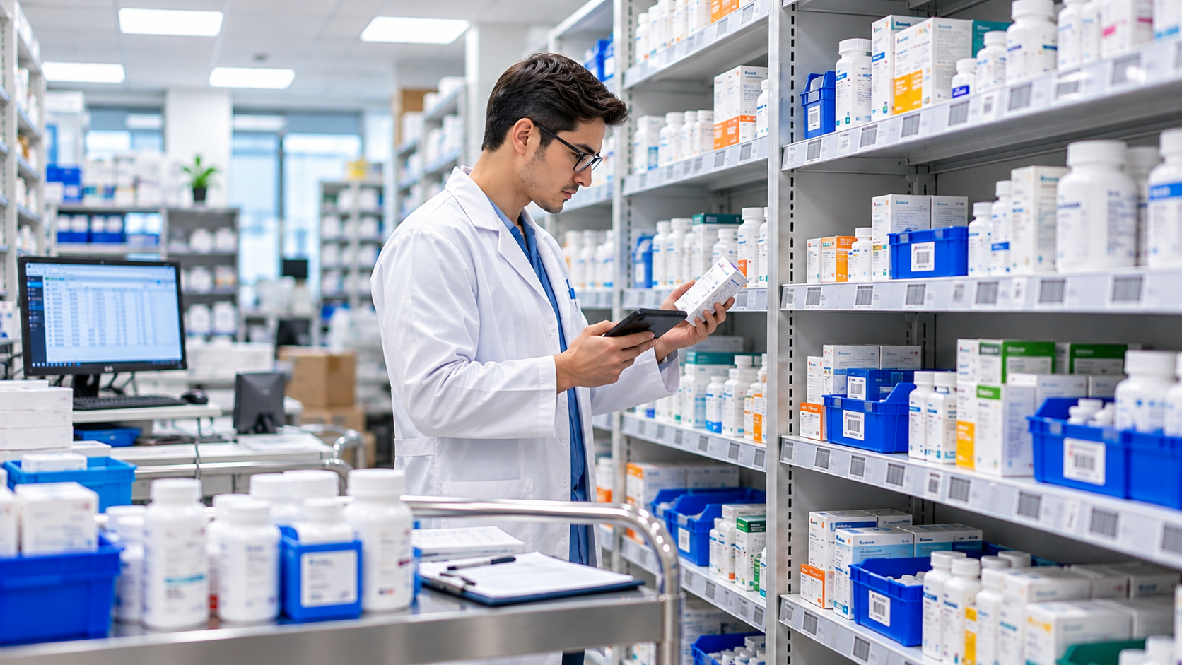 Pharmacist checking medication stock on shelves with a tablet
