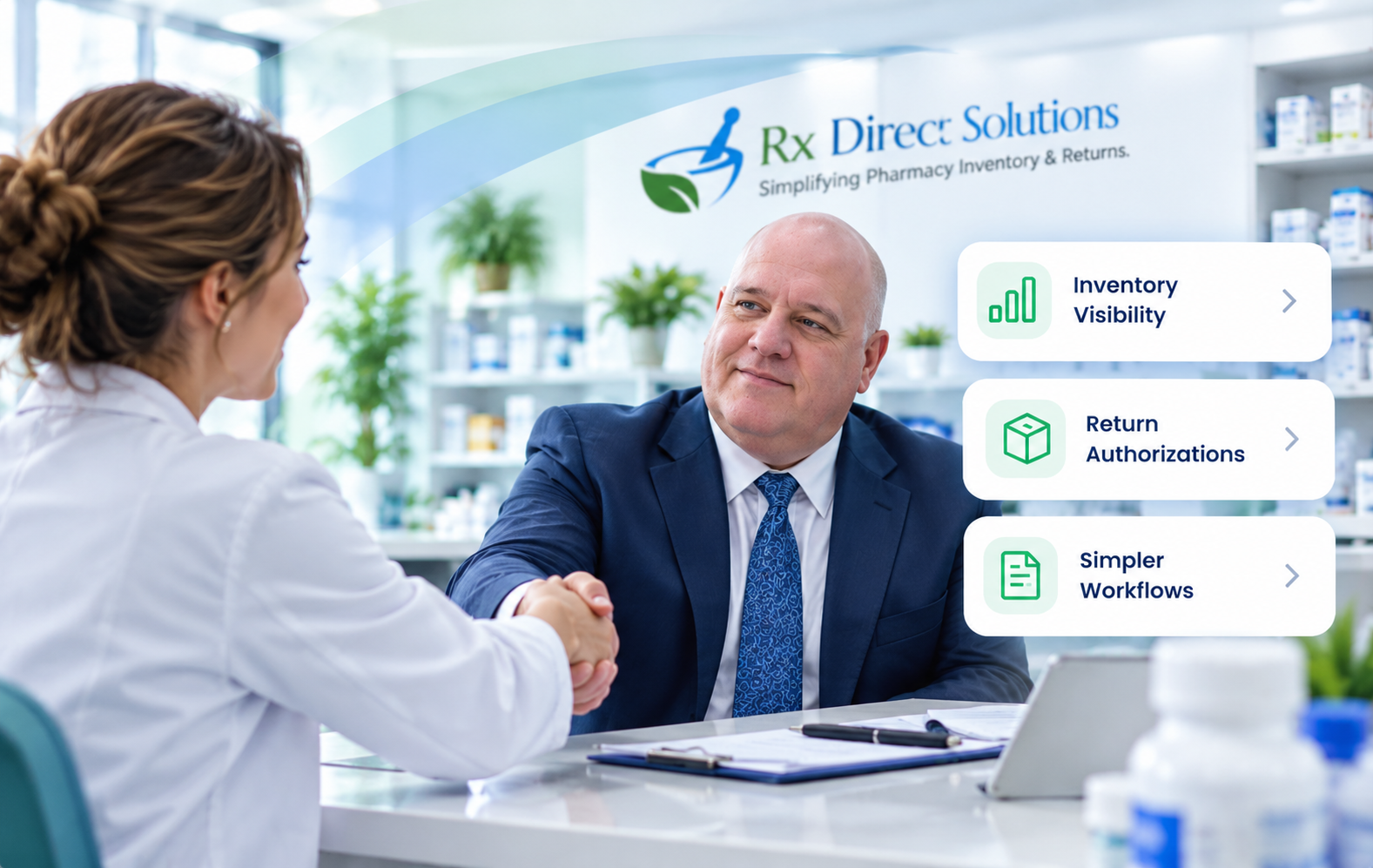 Pharmacist shaking hands with a Rx Direct Solutions representative