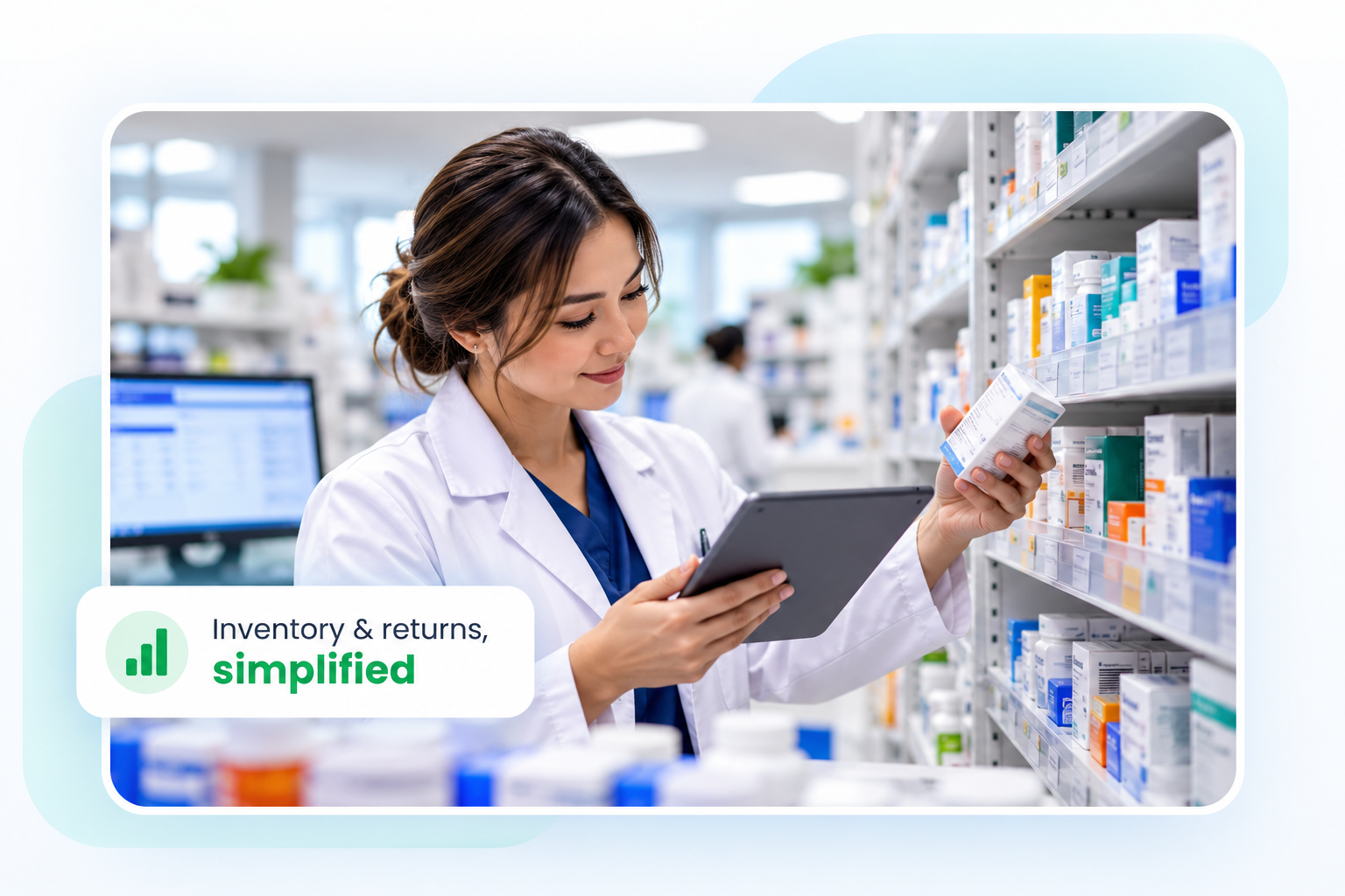 Pharmacist checking medication stock with a tablet — inventory and returns, simplified