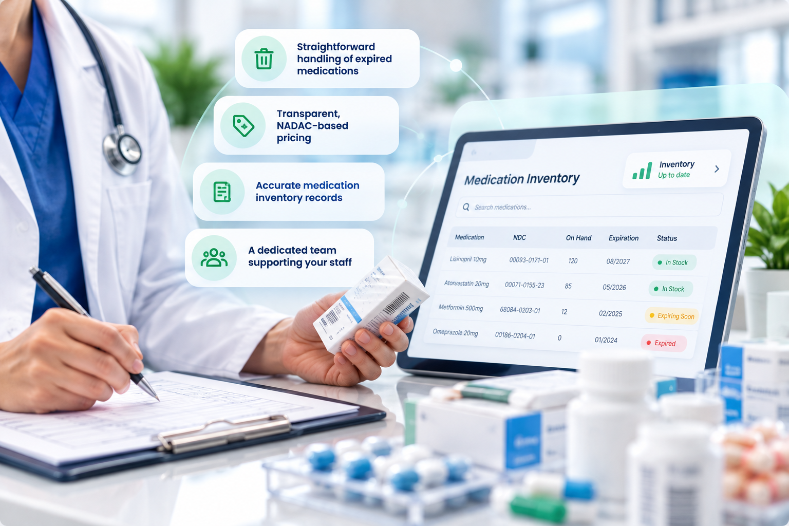 Practitioner updating medication inventory records on a tablet