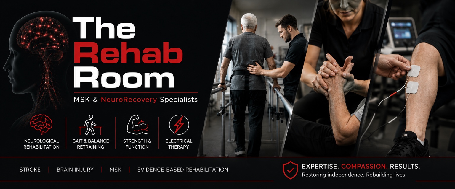 The Rehab Room – MSK and NeuroRecovery Specialists. Branded illustration of neurological rehabilitation, gait and balance, strength and electrical therapy.