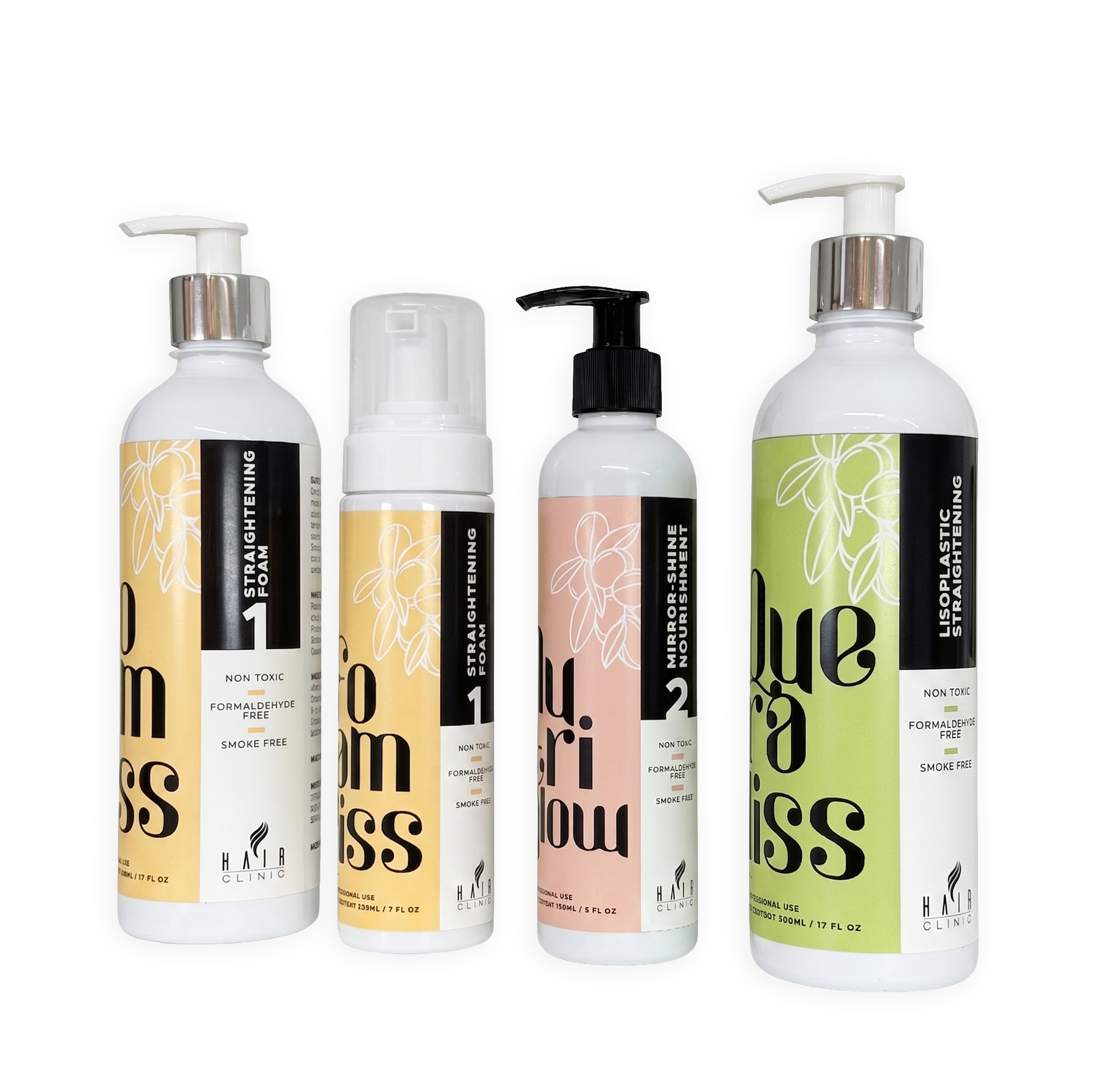 Hair Clinic product line: Foam Liss straightening foam in two sizes, Nutri Glow mirror-shine nourishment and Quera Liss lisoplastic straightening