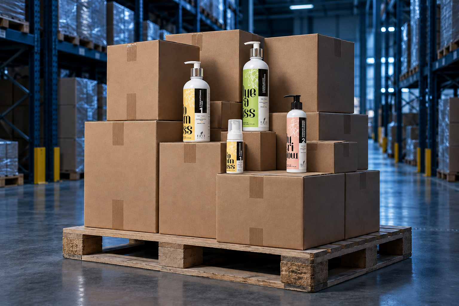 Hair Clinic bottles on stacked cartons on a pallet in a warehouse