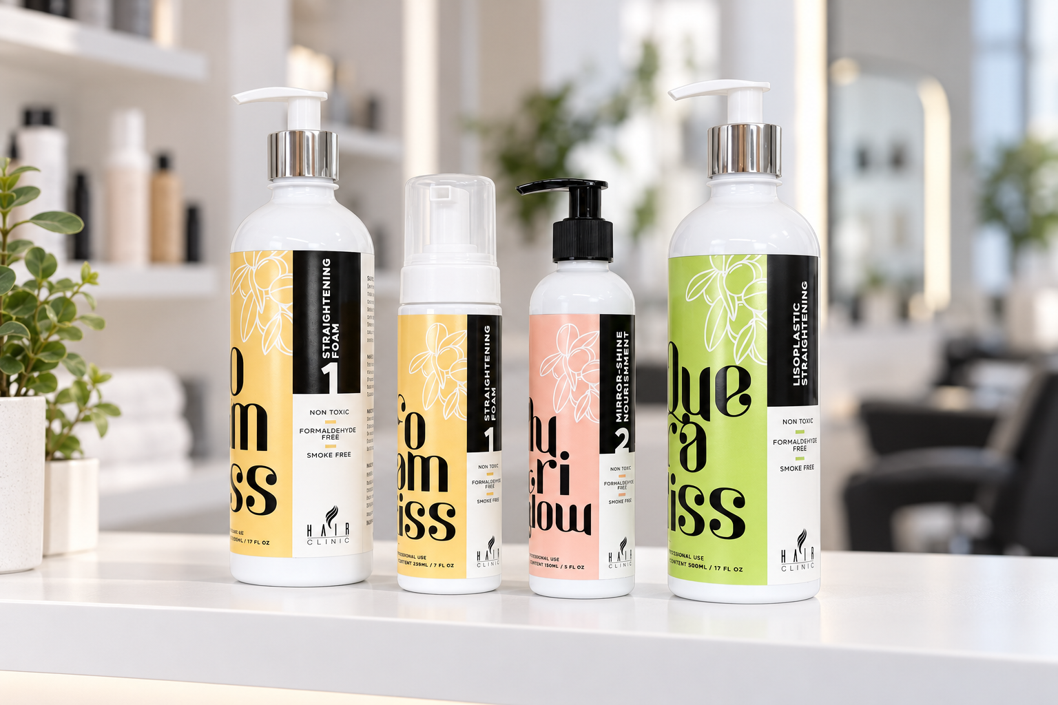 The four Hair Clinic bottles on a white counter in a bright salon