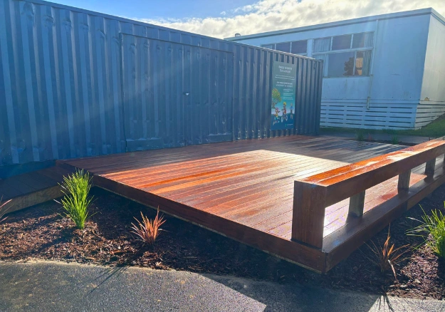 Custom Kwila deck and ramp for school bike storage in Auckland