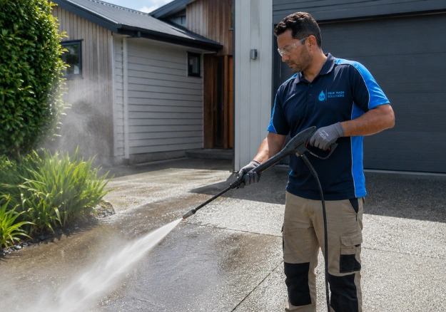Exterior cleaning team providing pressure washing and softwashing services in Auckland