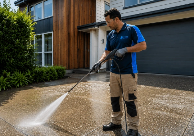 Driveway pressure washing removing grime and stains in Auckland