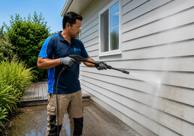 House soft washing service removing mould and dirt from exterior walls in Auckland