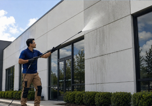Commercial building washing using pressure washing and softwashing in Auckland