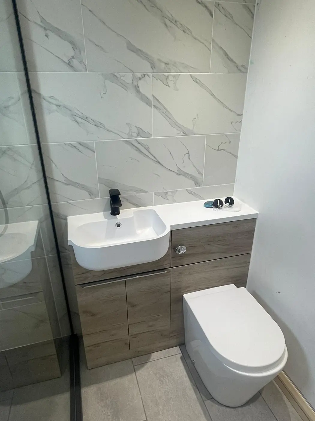 Finished vanity unit and back-to-wall toilet in an Oxford bathroom