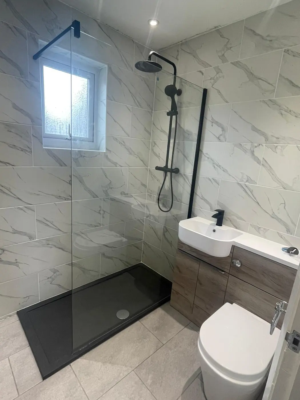 Finished walk-in shower in an Oxford bathroom, fitted by our team
