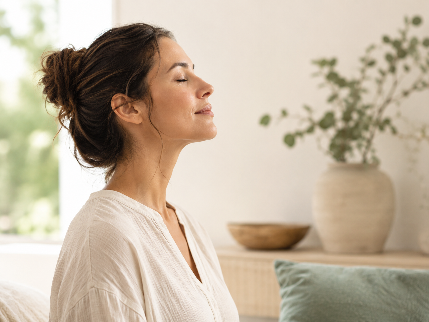 Soft sage green leaves on a calm cream background, representing natural wellness and breathing