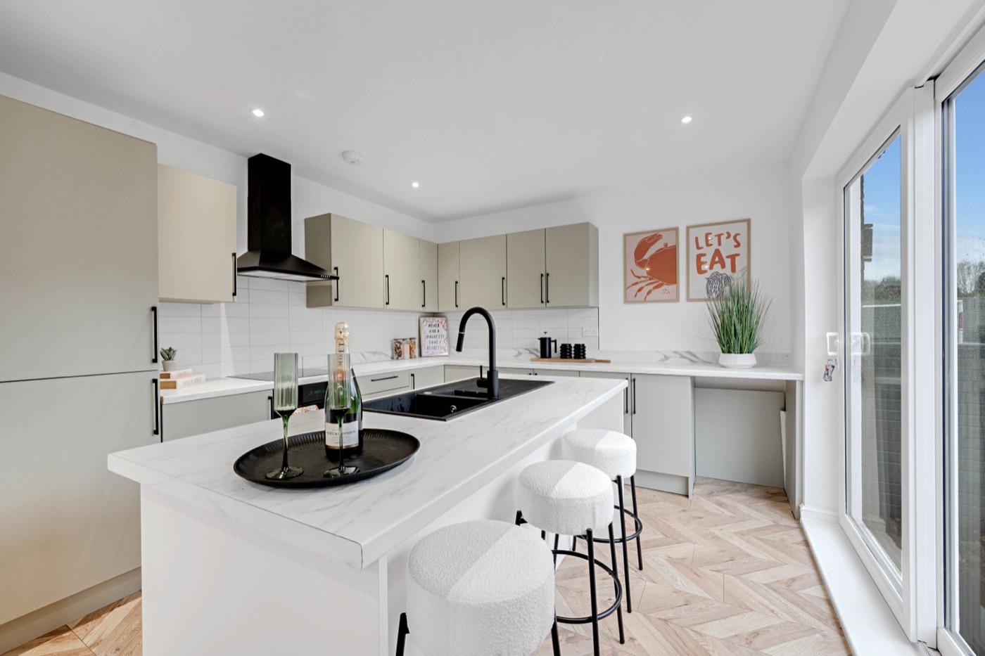 New kitchen at 10 Kilburn Road with island, bar stools and herringbone floor