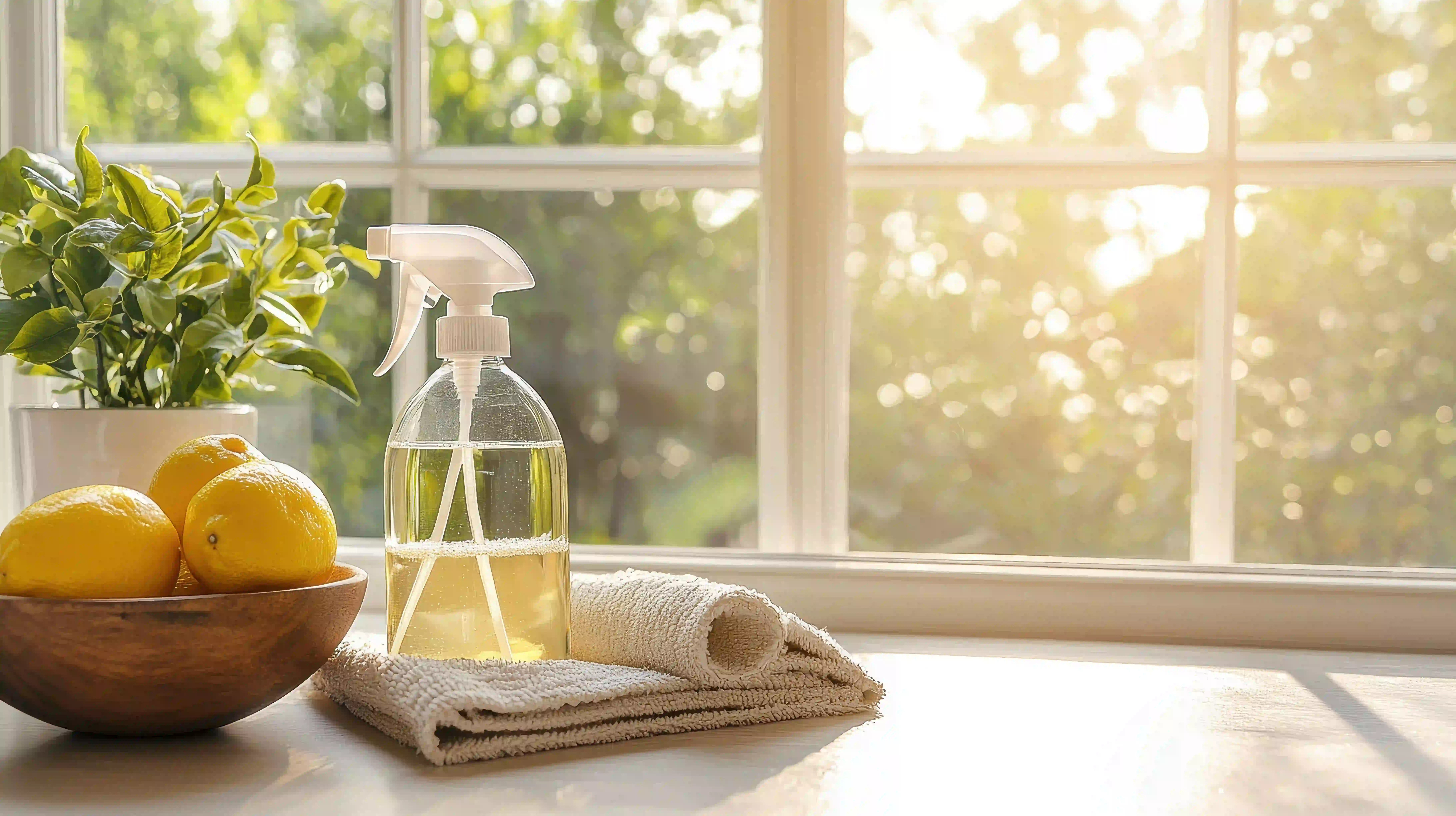 a bottle of cleaner sitting on a table