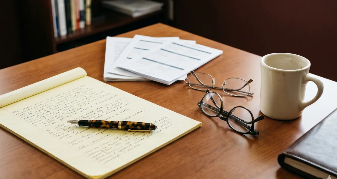 Handwritten retirement planning notes beside diagnostic report pages, reading glasses, and a coffee mug.