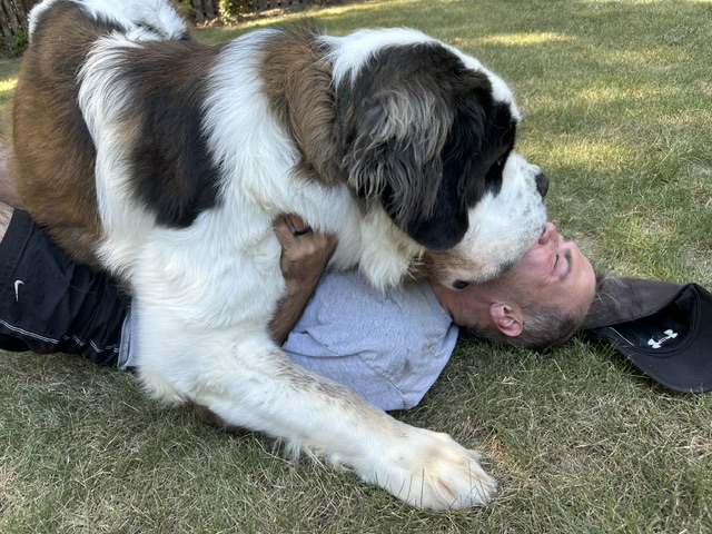 Moose, the St. Bernard kissing Todd.