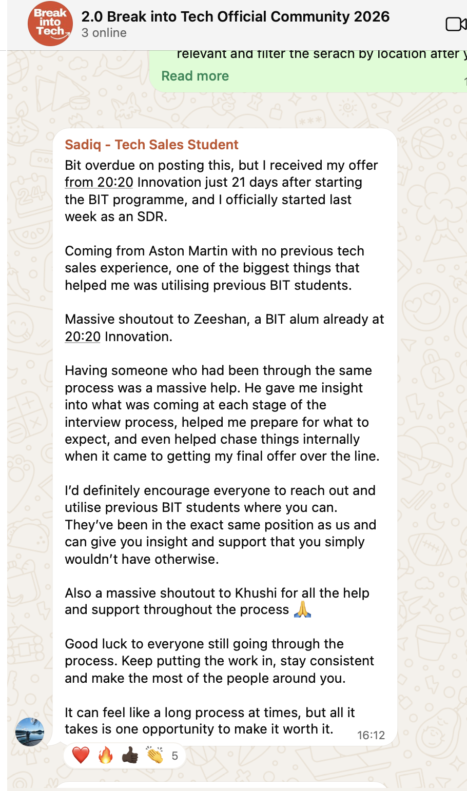Message from Sadiq announcing their offer at 20:20 Innovation