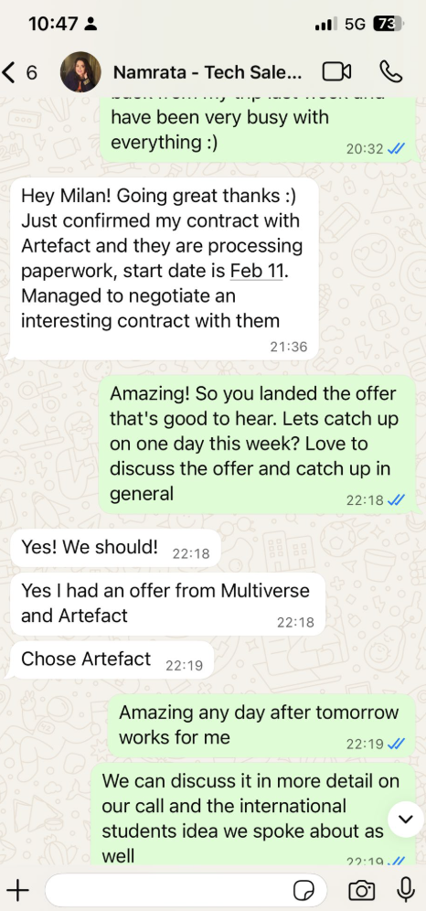 Message from Namrata announcing their offer at Artefact