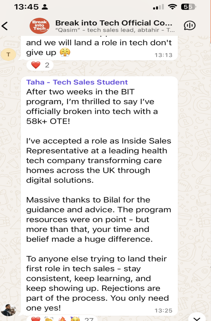 Message from Taha announcing their offer at a health tech company