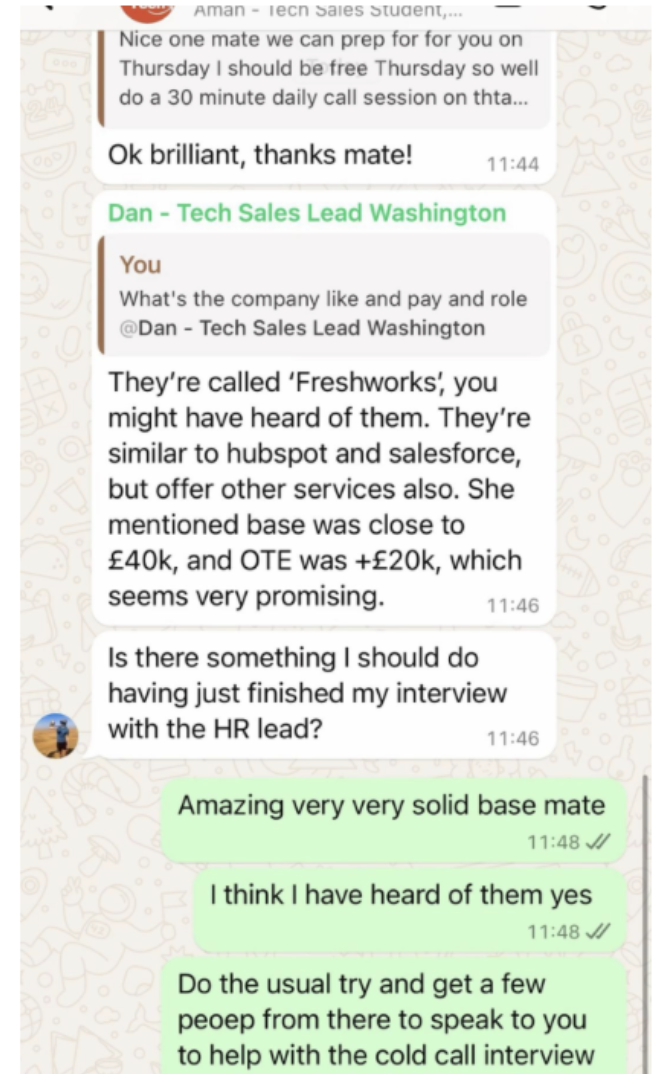 Chat message from Dan sharing the pay for the role